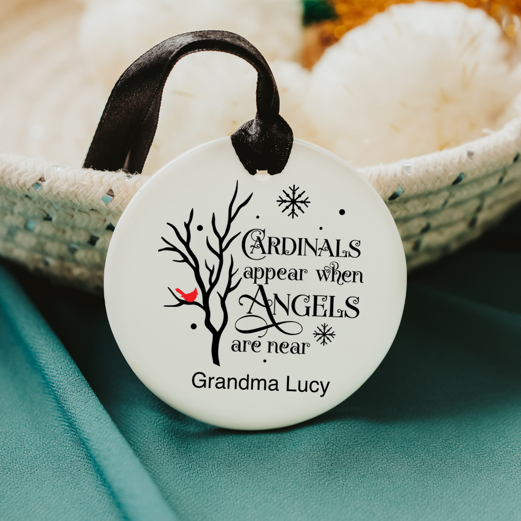 Personalized Cardinals Appear When Angels Are Near Ceramic Christmas Ornament - Dream Maker Pins