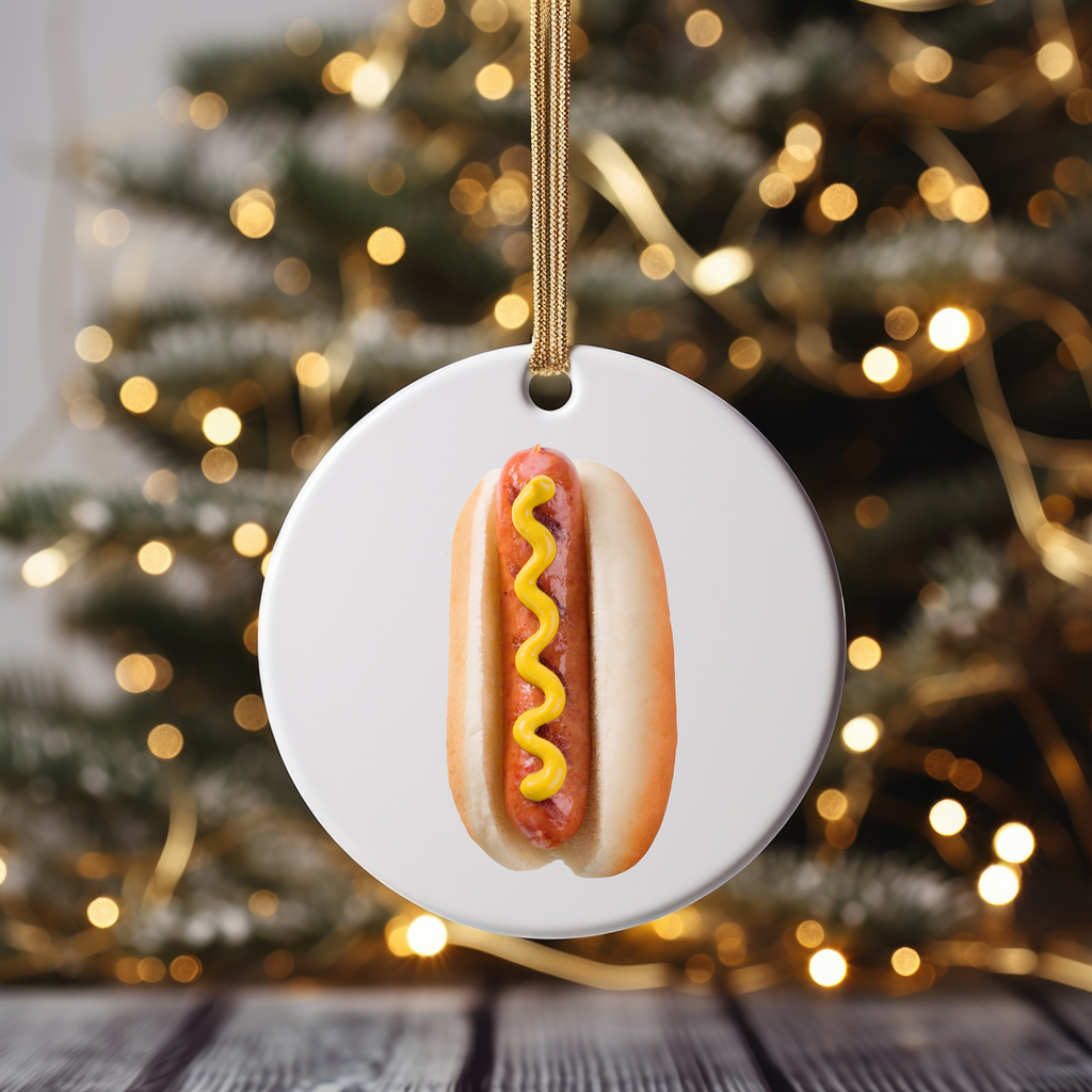 a hot dog ornament hanging from a christmas tree