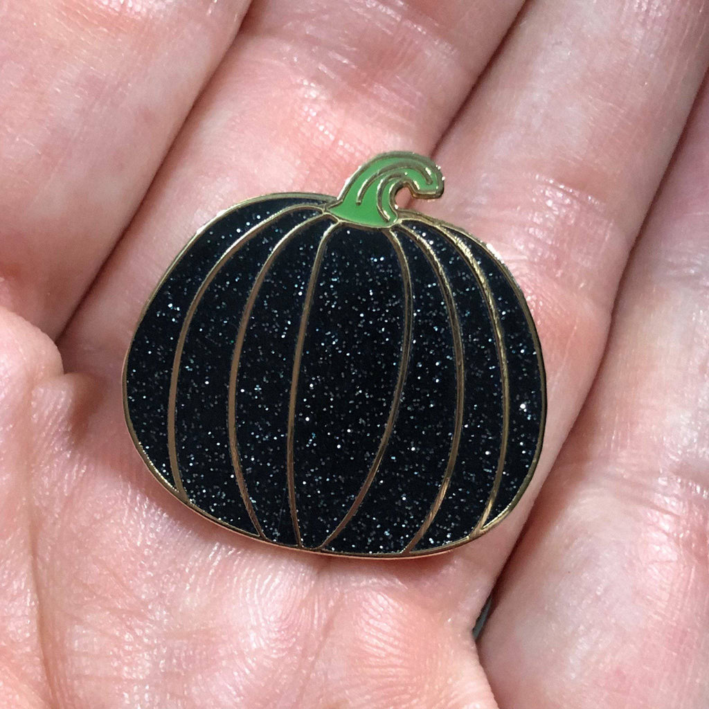 Black Glitter Pumpkin w Green Stem Enamel Pin - Dream Maker Pins