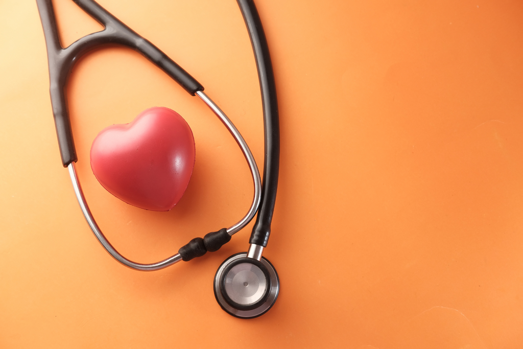 A plastic heart with a stethoscope around it