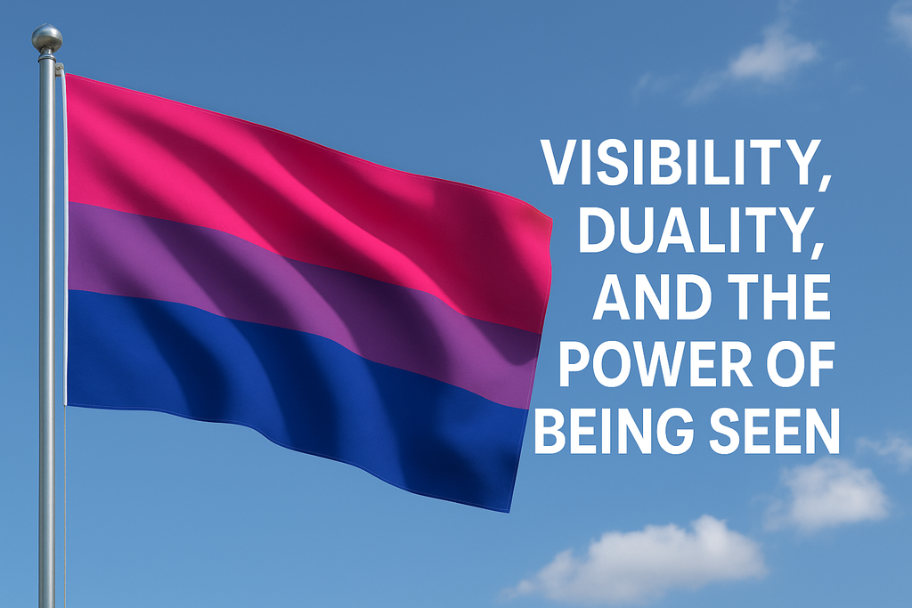 Bisexual Pride Flag Blog banner - a bisexual flag blowing in the wind with the words Visibility, Duality, and the Power of Being Seen on it