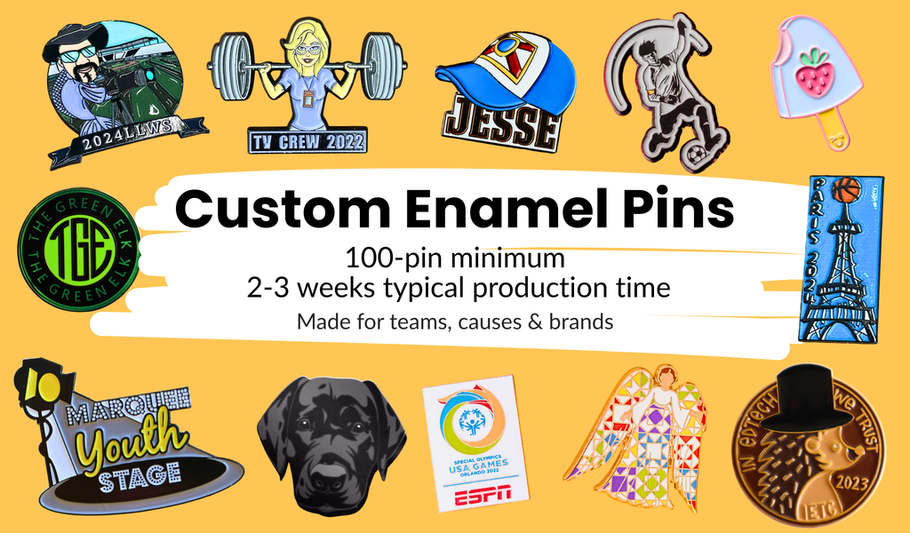 Custom enamel pins collage with headline: 100-pin minimum, 2–3 weeks typical