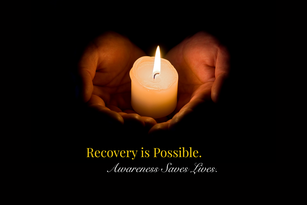 Hands gently holding a lit candle in the dark with text overlay reading ‘Recovery is Possible. Awareness Saves Lives.’ Symbolizing hope, sobriety, and addiction recovery awareness.