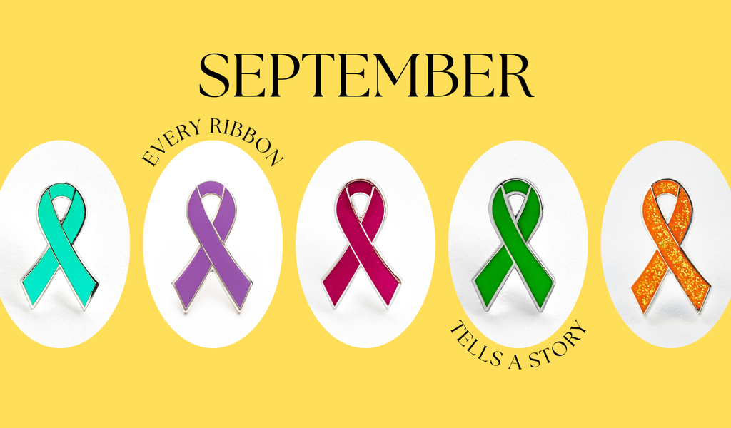 September awareness ribbons in teal, purple, burgundy, green, and orange with the phrase ‘Every Ribbon Tells a Story.