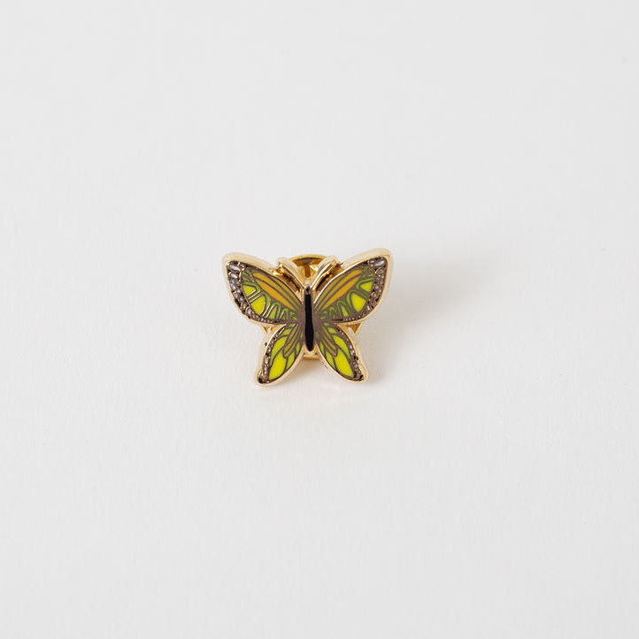 Butterfly-shaped pin with gold border on a white background
