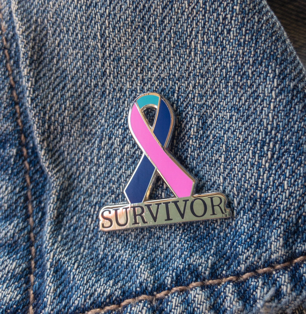 Pink, Blue and Teal Thyroid Cancer Survivor with Awareness Ribbon Enamel Pin on denim