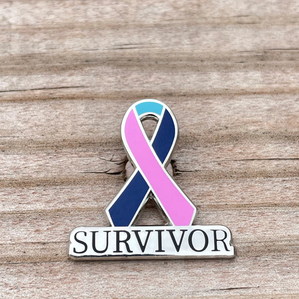 Pink, Blue and Teal Thyroid Cancer Survivor with Awareness Ribbon Enamel Pin on wood background