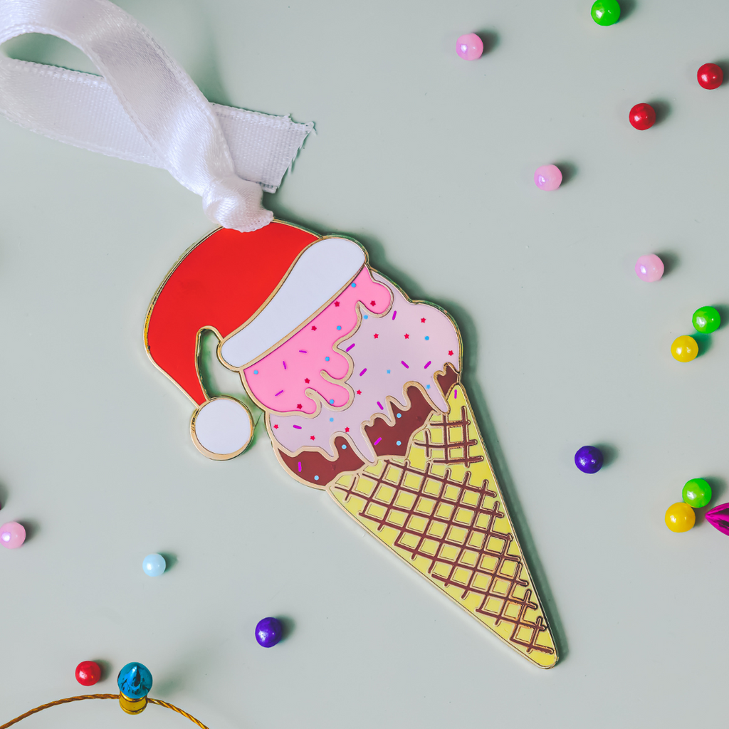 Ice Cream Cone with Santa Hat Christmas Ornament - Dream Maker Pins