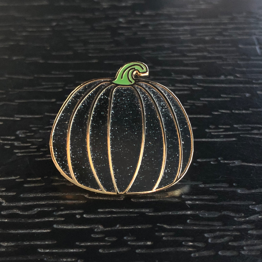 Black Glitter Pumpkin w Green Stem Enamel Pin - Dream Maker Pins