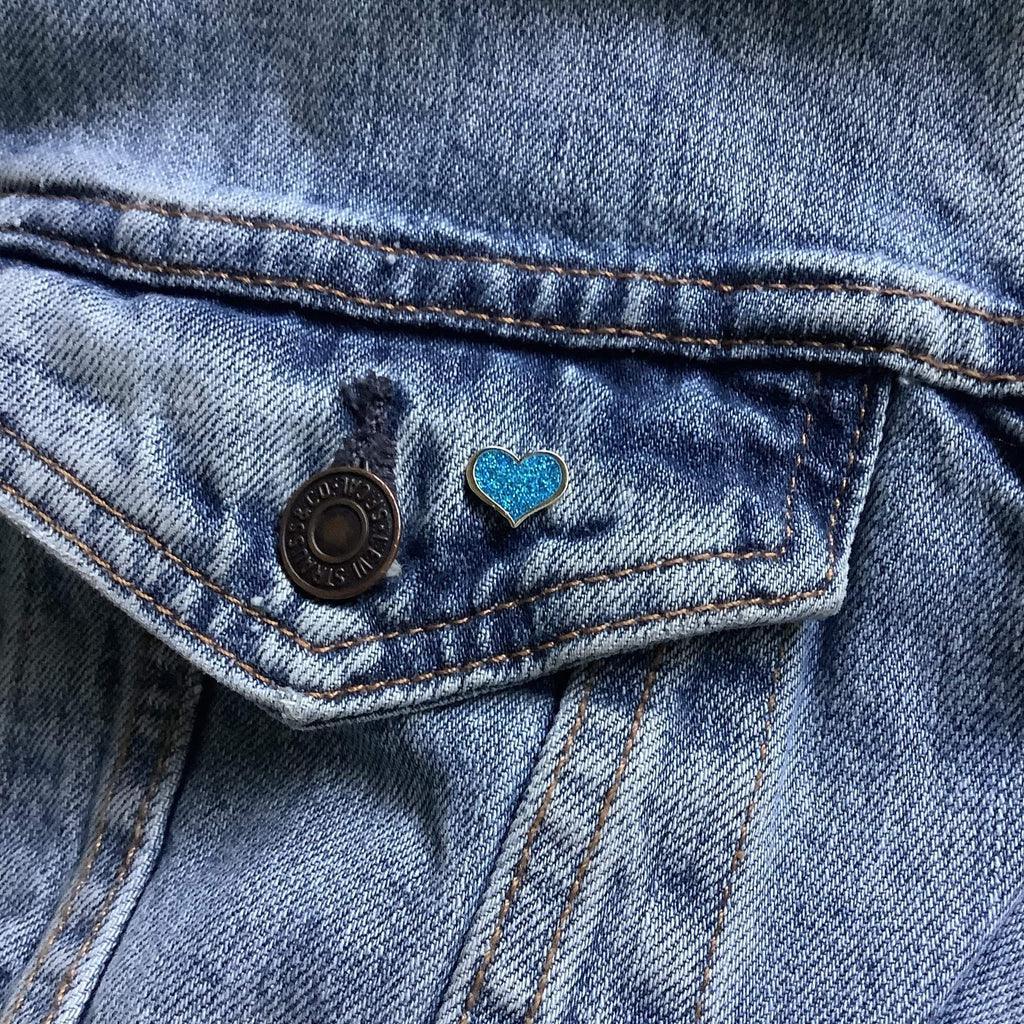 Mini 0.5" Blue Glitter Heart Enamel Pin - Dream Maker Pins
