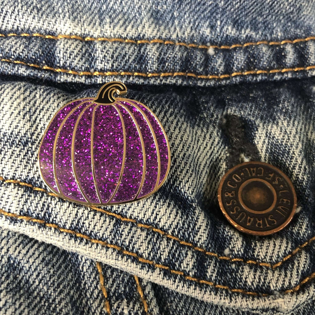 Purple Glitter Pumpkin w Black Stem Enamel Pin - Dream Maker Pins