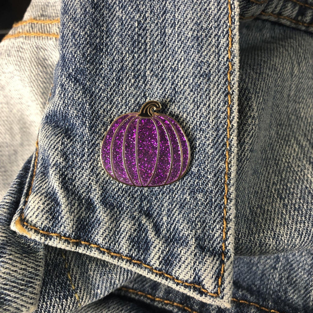 Purple Glitter Pumpkin w Black Stem Enamel Pin - Dream Maker Pins