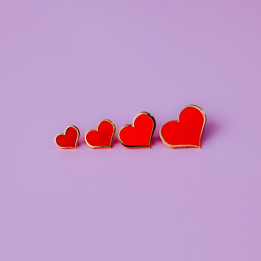 Red Heart Enamel Pin 4-Pack – Complete Set of 1, ¾, ½ & ¼-inch Sizes