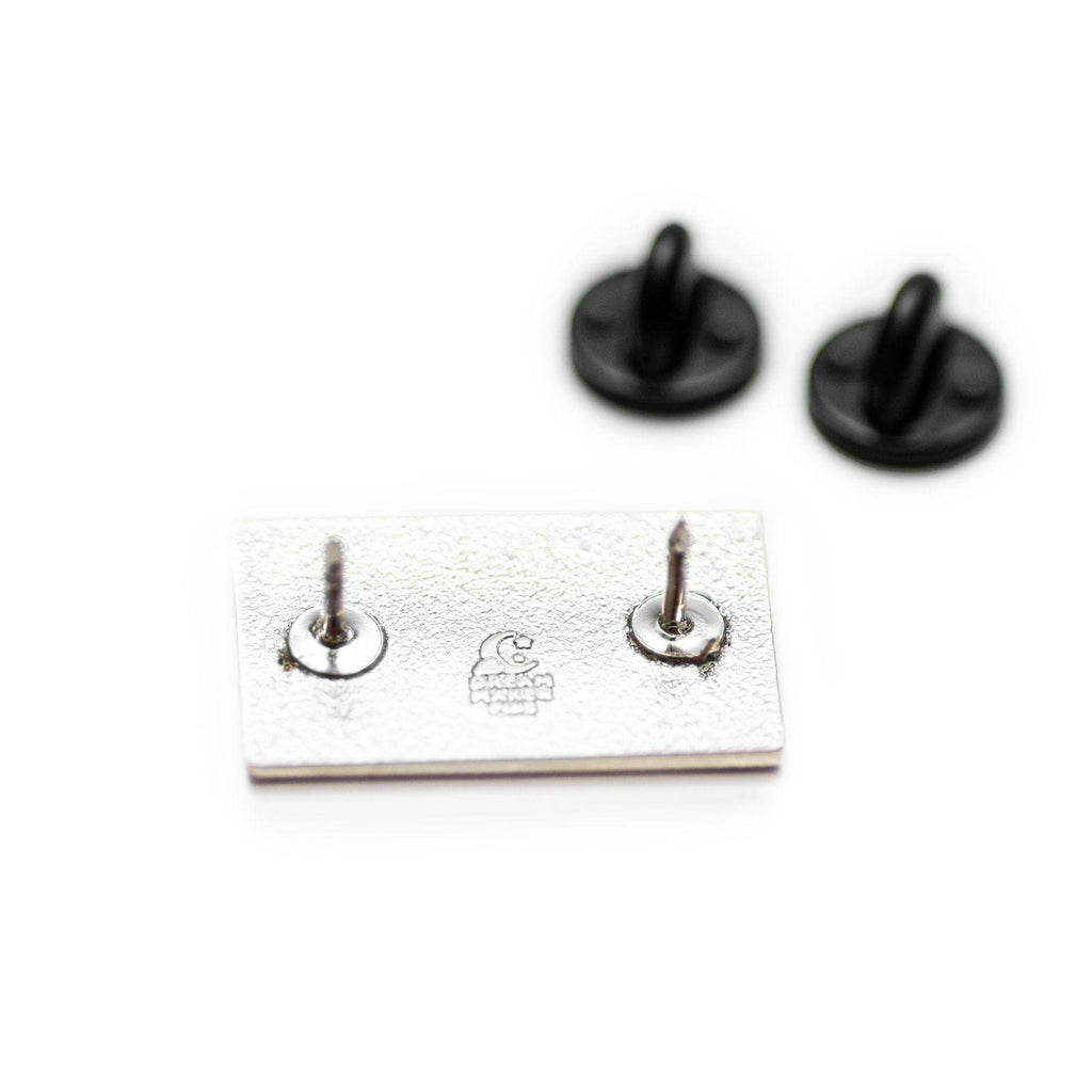 Transgender Pride Flag Enamel Pin back showing double posts , Dream Maker Pins backstamp and two black rubber pin backs