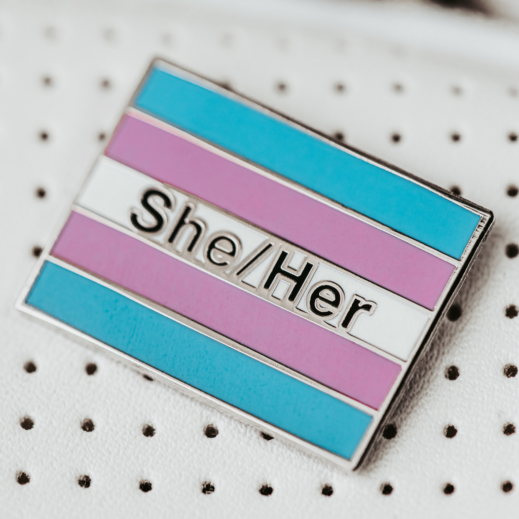 Transgender Pride Flag Enamel Pin With She/Her Pronouns - Dream Maker Pins