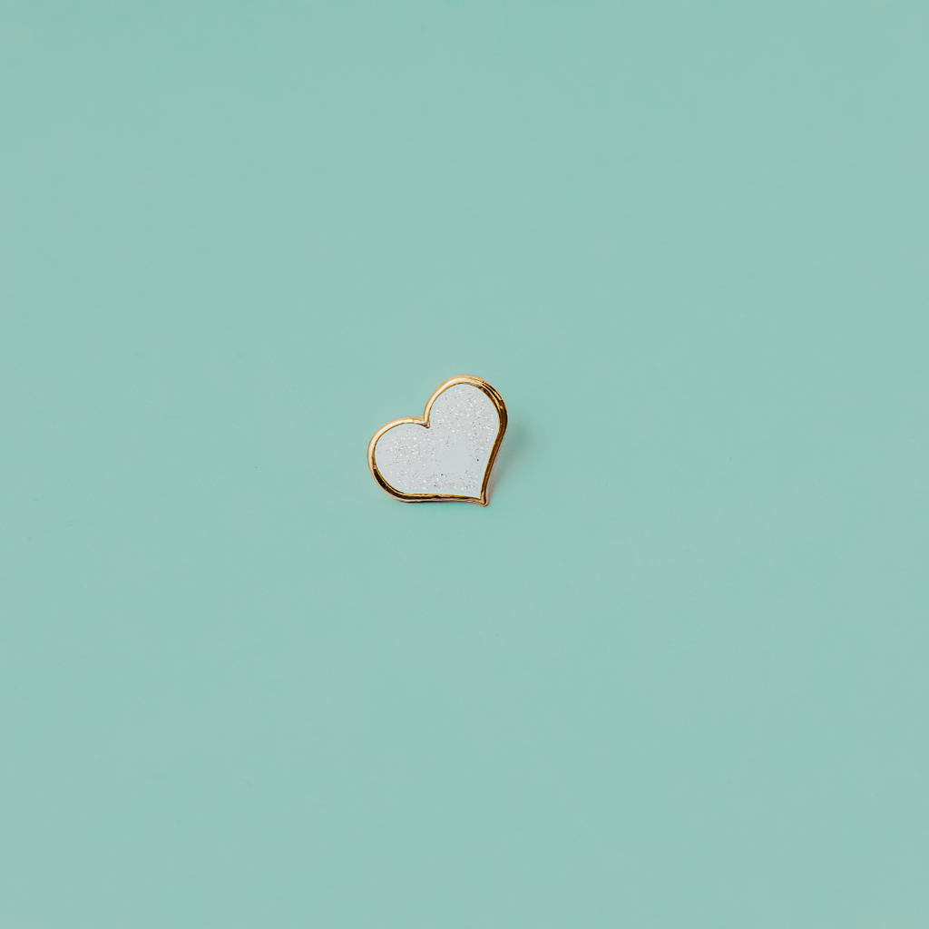 White Glitter Heart Enamel Pin - Dream Maker Pins