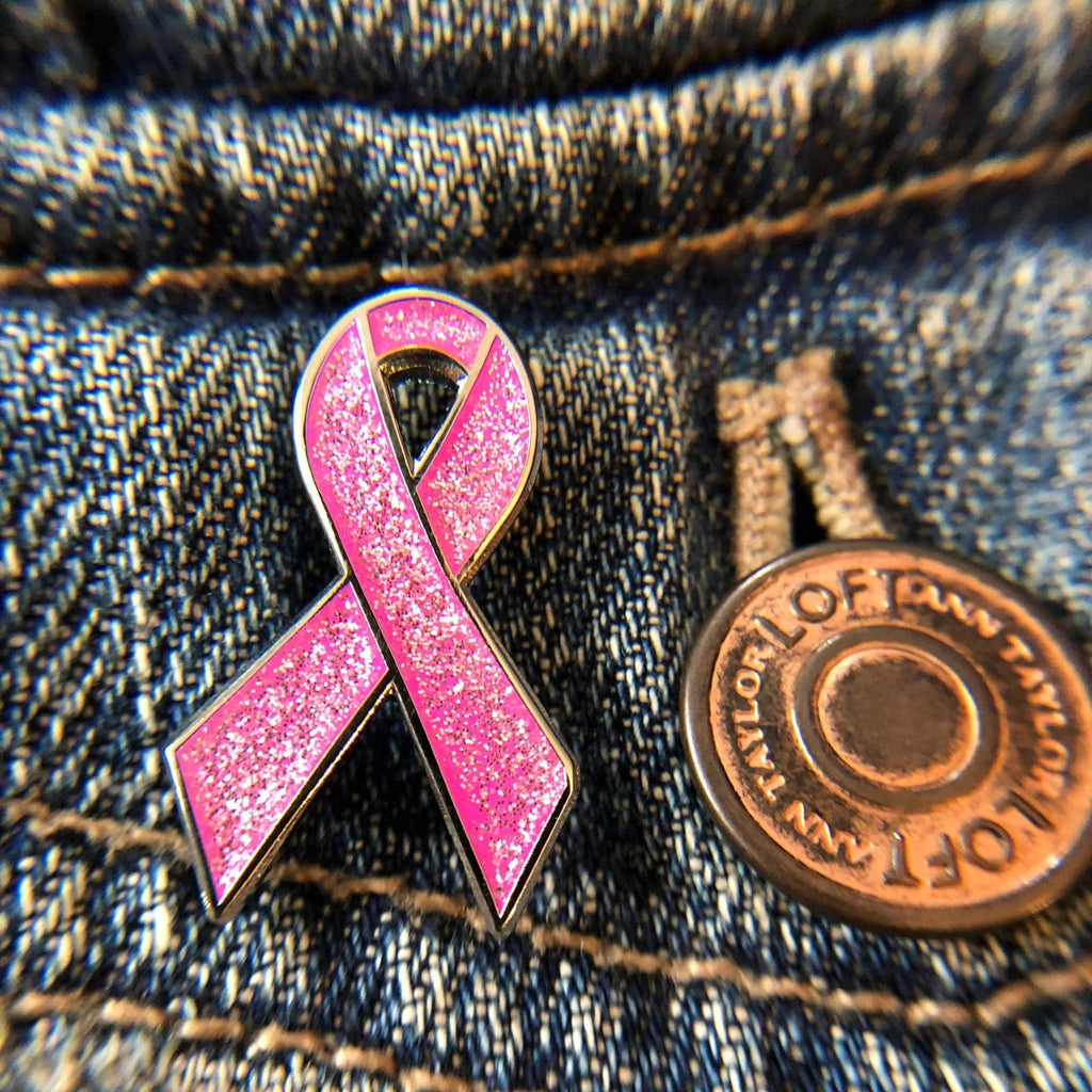 Pink Awareness Ribbon Enamel Pin with Glitter V1 - Dream Maker Pins