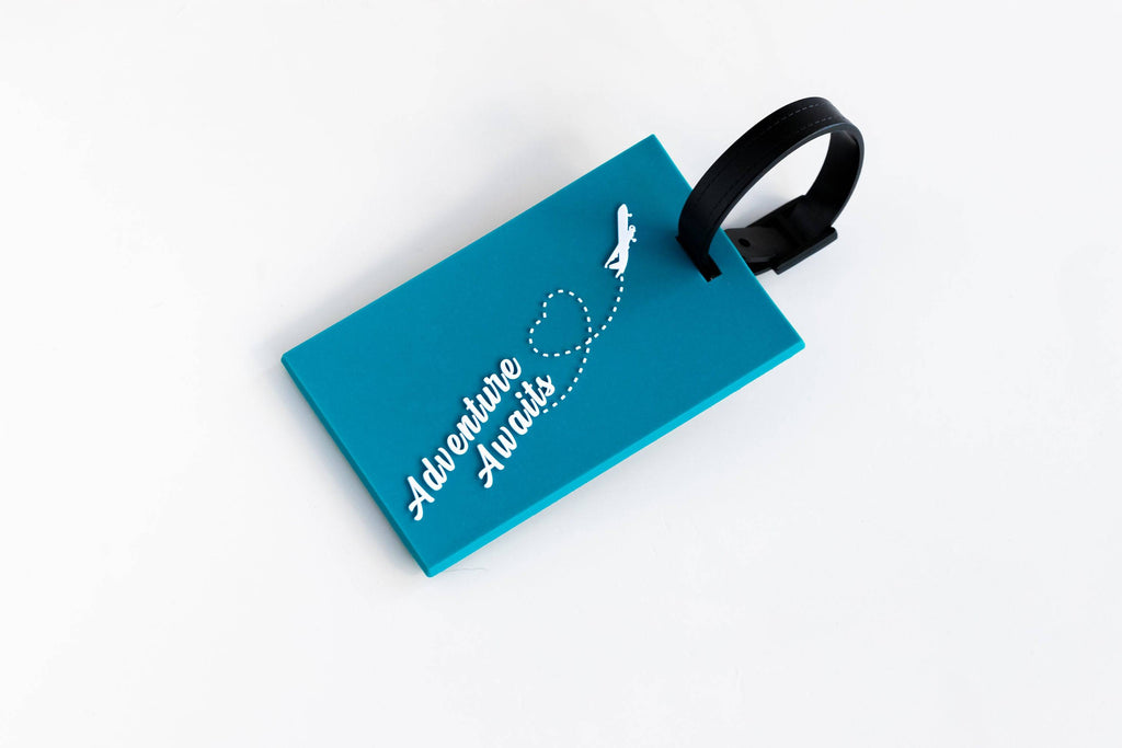 Teal & White Adventure Awaits Rubber Luggage Tag - Dream Maker Pins