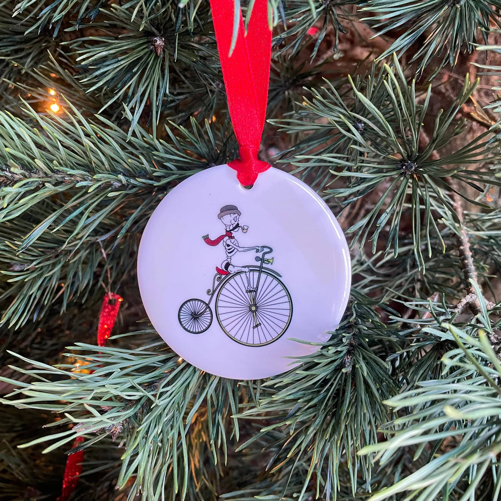 Skeleton Riding Old Fashioned Bicycle Christmas Ornament - Dream Maker Pins